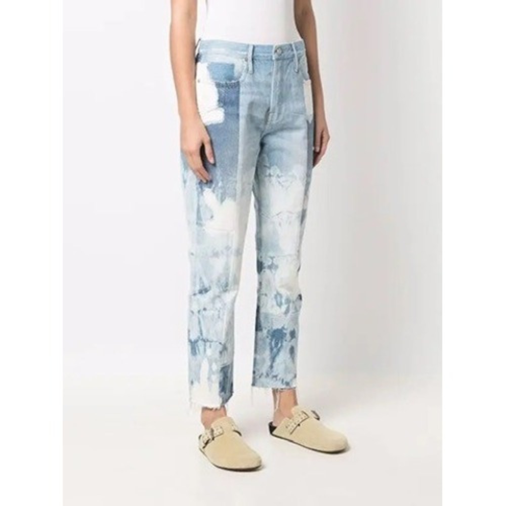 NWT FRAME Le Original High Rise Straight Leg Jeans Fresco Patchwork Blue Size 30